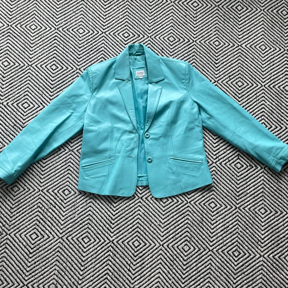 LAST CHANCE Aqua blue leather blazer from Cleo Petites
